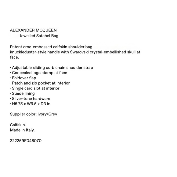 Alexander Mcqueen Ivory Grey Croc Embossed Shoulder Bag New With Tags - Picture 5 of 7